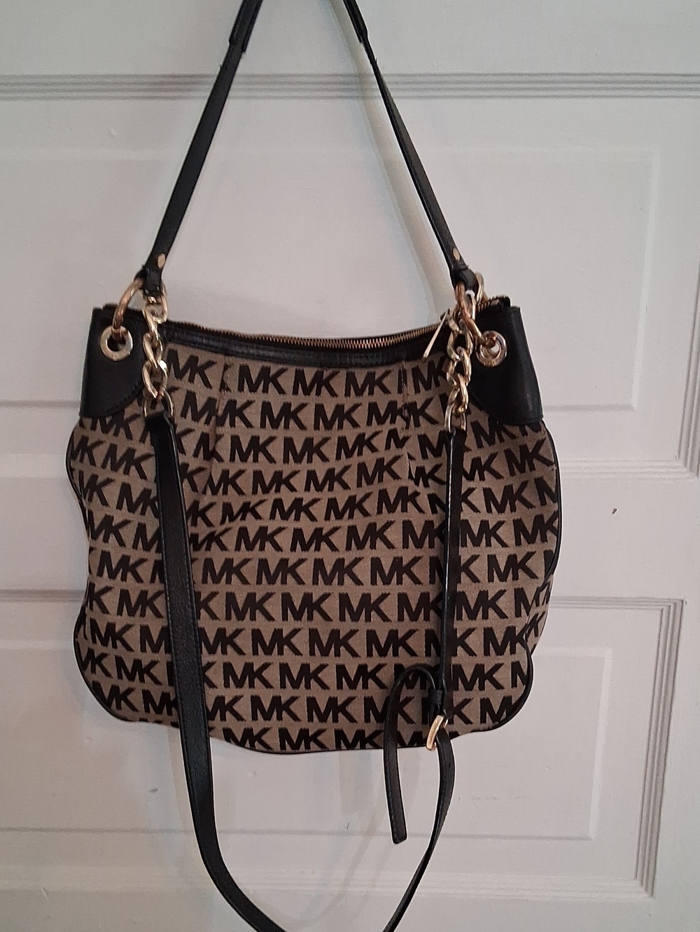 Michael Kors Tan and Black MK Logo Shoulder Bag with Gold Hardware